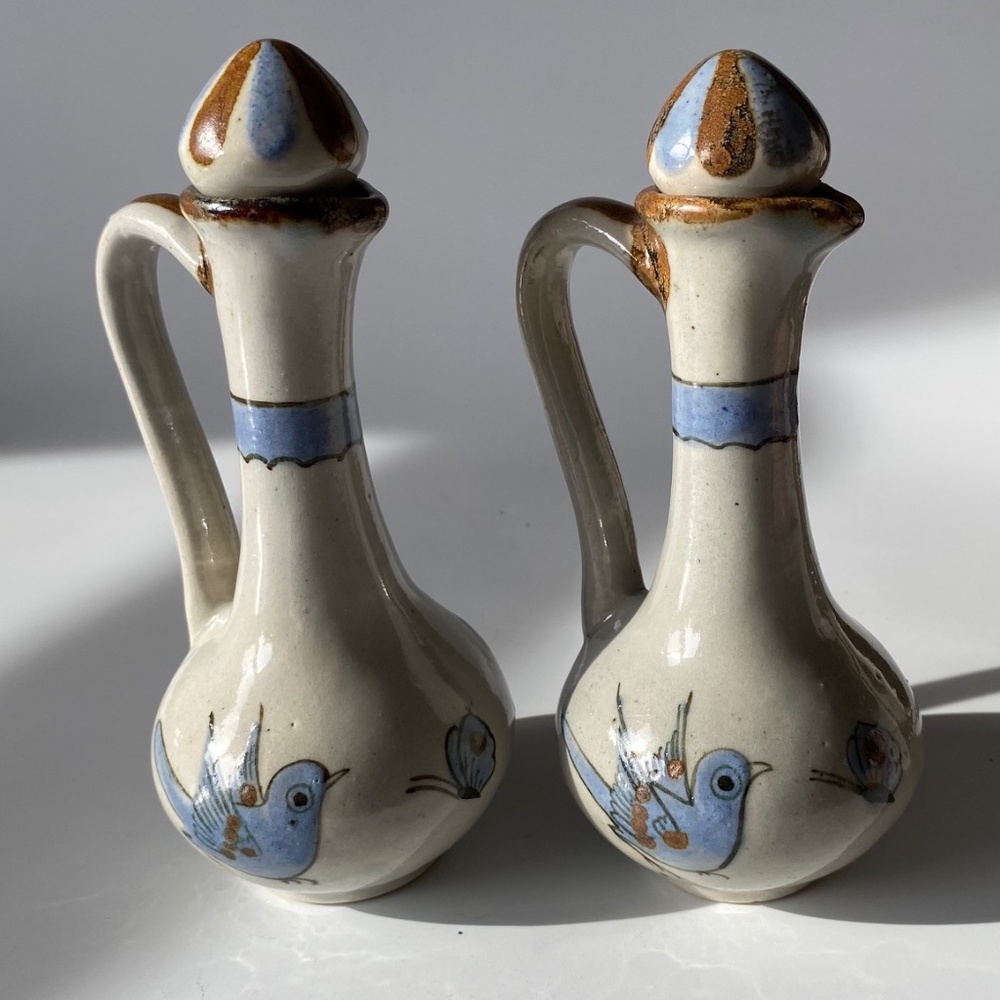 Pair of Cruets by Tonala Artisan Pottery Bird Decorated Vintage Signed Collectib